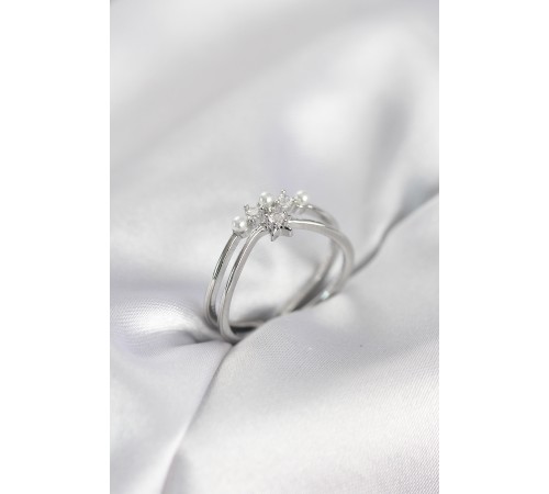 Gümüş Renk İncili Yıldız Model Zirkon Taşlı Kadın Yüzük - TJ-BYK4100