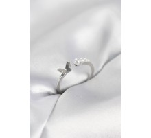 İncili Kelebek Model Gümüş Renk Pirinç Kadın Yüzük - TJ-BYK4120