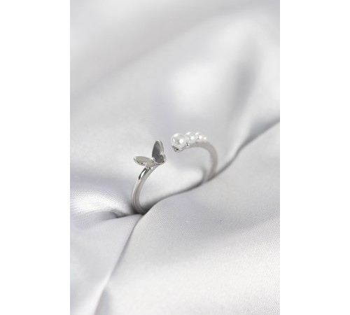 İncili Kelebek Model Gümüş Renk Pirinç Kadın Yüzük - TJ-BYK4120