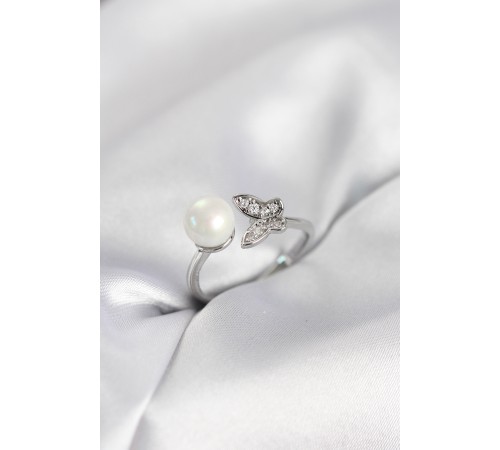 Kelebek İncili Model Gümüş Renk Zirkon Taşlı Kadın Yüzük - TJ-BYK4130