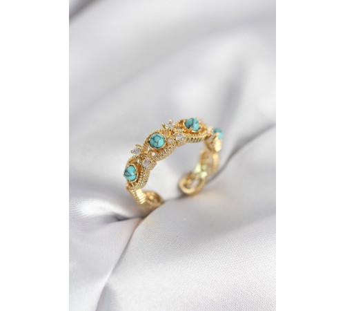 Mavi Taşlı Gold Renk Vintage Kadın Yüzük - TJ-BYK4141