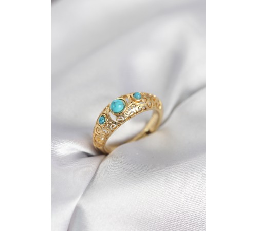 Vintage Model Mavi Taşlı Gold Renk Kadın Yüzük - TJ-BYK4149