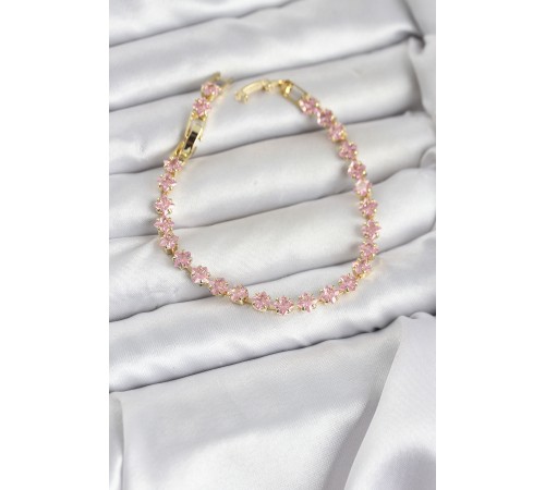 Pembe Kare Zirkon Taşlı Gold Renk Pirinç Su Yolu Kadın Bileklik - TJ-BB8324