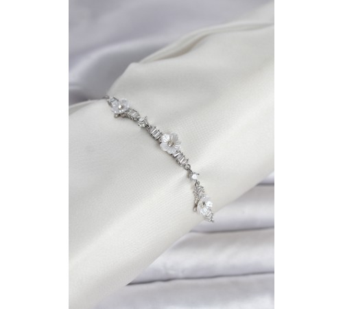 Baget Zirkon Taşlı Çiçek Model Gümüş Renk Asansörlü Kadın Bileklik - TJ-BB8329