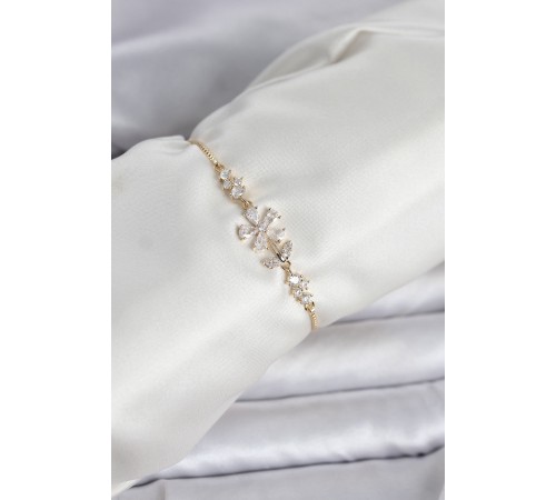 Gold Renk Zirkon Taşlı Papatya Model Asansörlü Kadın Bileklik - TJ-BB8334