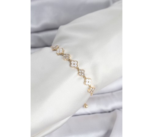 Gold Renk Zirkon Taşlı Sıralı Yonca Model Asansörlü Kadın Bileklik - TJ-BB8340