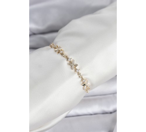 Gold Renk Yonca Model Zirkon Taşlı Asansörlü Kadın Bileklik - TJ-BB8341