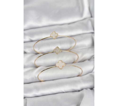 Gold Renk Yonca Model Zirkon Taşlı 3'lü Kadın Bileklik Kombini - TJ-BB8345