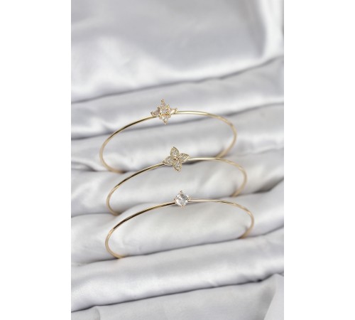 Zirkon Taşlı Gold Renk Yonca Model 3'lü Kadın Bileklik Kombini - TJ-BB8349