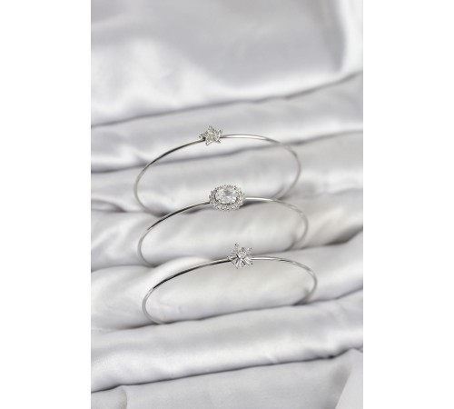 Zirkon Taşlı Gümüş Renk Tek Taş Model 3'lü Kadın Bileklik Kombini - TJ-BB8350