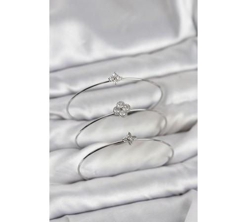 Zirkon Taşlı Gümüş Renk Yonca Tasarım 3'lü Kadın Bileklik Kombini - TJ-BB8352