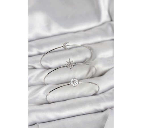 Gümüş Renk Zirkon Taşlı Kutup Yıldızı Model 3'lü Kadın Bileklik Kombini - TJ-BB8354