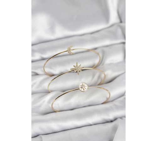 Gold Renk Zirkon Taşlı Kutup Yıldızı Model 3'lü Kadın Bileklik Kombini - TJ-BB8355