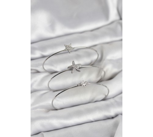 Gümüş Renk Zirkon Taşlı Deniz Yıldızı Model 3'lü Kadın Bileklik Kombini - TJ-BB8356