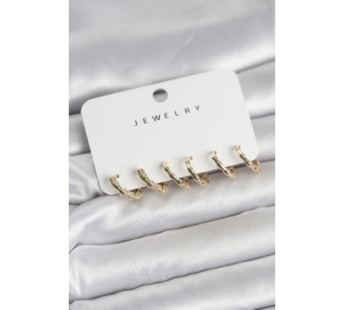 Gold Renk Pirinç Kemik Model 3 Çift Kadın Küpe Seti - TJ-BKP11646