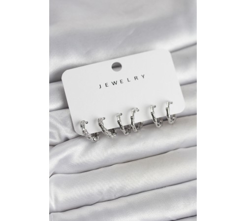 Gümüş Renk Pirinç Kemik Model 3 Çift Kadın Küpe Seti - TJ-BKP11647