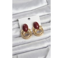 Pirinç Gold Renk Bordo Taşlı Vintage Kadın Küpe - TJ-BKP11679