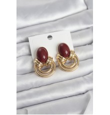 Pirinç Gold Renk Bordo Taşlı Vintage Kadın Küpe - TJ-BKP11679