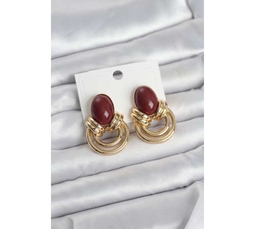 Pirinç Gold Renk Bordo Taşlı Vintage Kadın Küpe - TJ-BKP11679