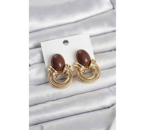 Pirinç Gold Renk Kahverengi Taşlı Vintage Kadın Küpe - TJ-BKP11680