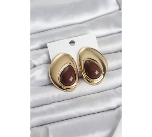 Pirinç Gold Renk Kahverengi Taşlı Damla Model Vintage Kadın Küpe - TJ-BKP11683