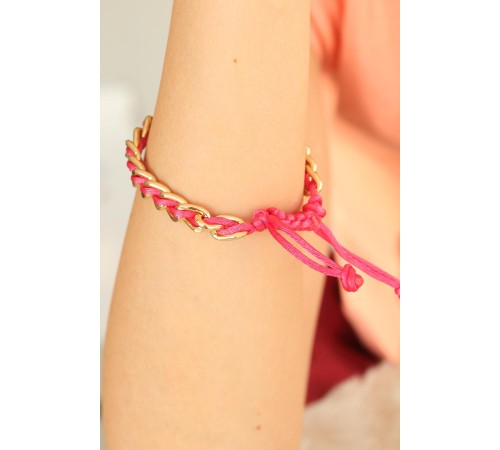 Gold Zincirli Pembe İpli Bayan Bileklik - TJ-BB2561-KS Gold Zincirli Pembe İpli Bayan Bileklik - TJ-BB2561-KS