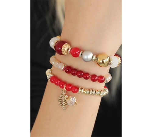Bordo Kırmızı Boncuklu Bayan Bileklik - TJ-BB2650-KS