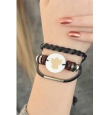 Siyah Renk Melekli Tasarım Çoklu Deri Bayan Bileklik - TJ-BB2829