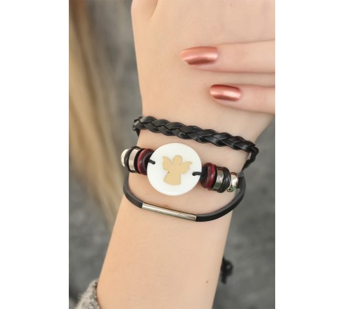 Siyah Renk Melekli Tasarım Çoklu Deri Bayan Bileklik - TJ-BB2829