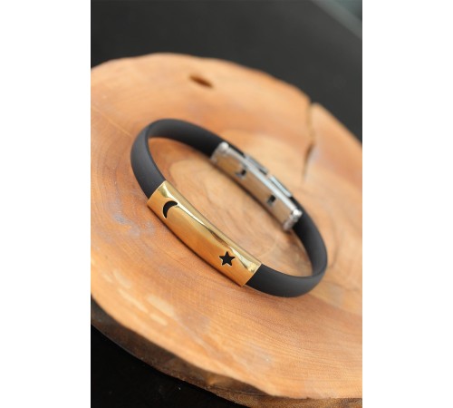 Gold Renk Metal Ay Yıldız Tasarım Siyah Renk Silikon Erkek Bileklik - TJ-EB2518-KS