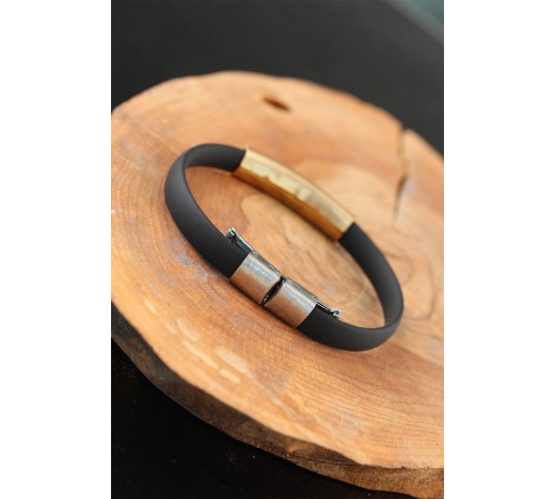 Gold Renk Metal Ay Yıldız Tasarım Siyah Renk Silikon Erkek Bileklik - TJ-EB2518-KS