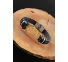 Gold Renk Barış Figürlü Metal Aksesuarlı Siyah Renk Deri Erkek Bileklik - TJ-EB2549-KS