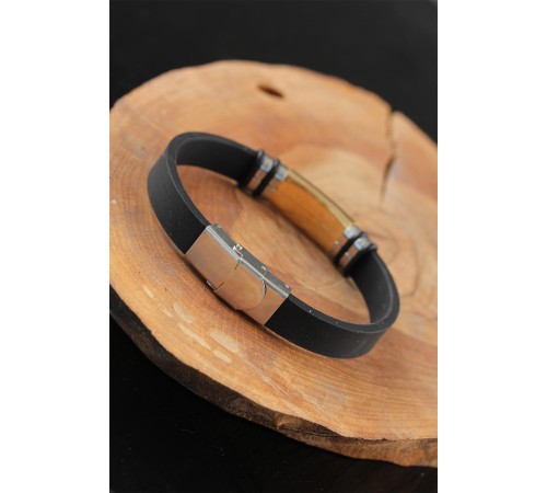 Gold Renk Metal Aksesuarlı Siyah Renk Deri Erkek Bileklik - TJ-EB2550-KS