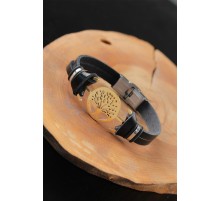 Gold Renk Metal Ağaçlı Tasarım Siyah Renk Deri Erkek Bileklik - TJ-EB2552-KS