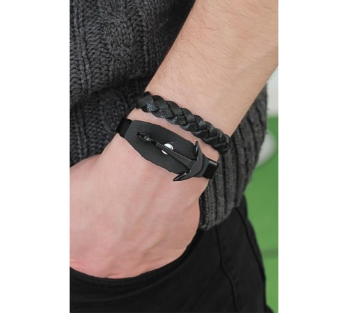 Deniz Çapalı Siyah Renk Deri Erkek Bileklik Kombin - TJ-EB2815