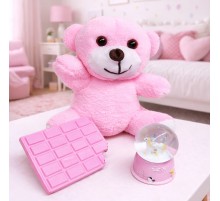 Pembe Peluş Ayıcık Kar Küresi Ve Pembe Çikolata Not Defteri