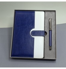 Mavi Beyaz Deri Kapaklı Defter Ve Metal Kalem Set