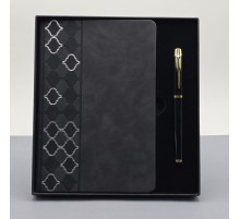 Desenli Siyah Deri Defter Kalem Set