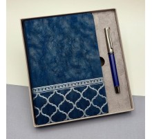 Kutulu Desenli Deri Defter Ve Metal Roller Kalem Set