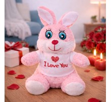 I Love You Tişörtlü Sevimli Pembe Peluş Tavşan