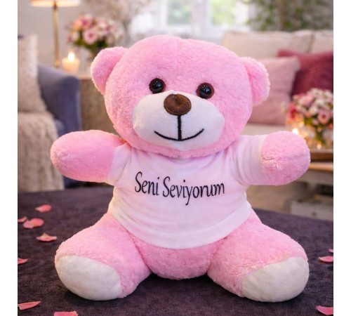 Pembe Seni Seviyorum Tişörtlü Ayıcık