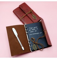 Kahverengi Siyah Yapraklı Deri Defter Ve Beyaz Jel Kalem Set