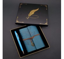 Metal Kalem ve Mavi Deri Defter