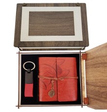 Özel Ahşap Kutulu Kahve Deri Defter ve Anahtarlık Set
