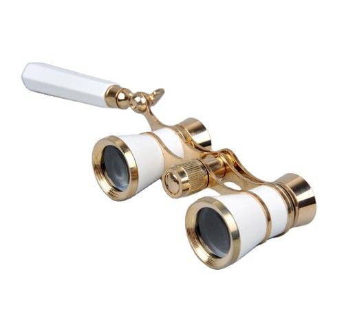 3x25 Nefis Işlemeli Tiyatro - Opera Dürbünü Prinç Metal Kaplamalı Retro Beyaz