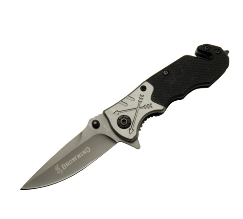 Browning 8-10 Siyah Kurtarma / Kamp Çakı 16,5cm - Yarı Otomatik, Cam Kırma ve İp Kesme Aparatlı, Ok Figürlü Sap