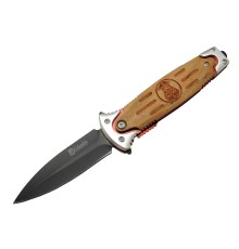 FS 11031 Kahverengi Kamp Çakı 20cm- Police İşlemeli, Ahşap Sap, Cam Kırma Aparatlı
