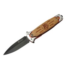 FS 11033 Kahverengi Kurtarma / Kamp Çakısı 20cm - Yarı Otomatik, Kurt İşlemeli Ahşap Sap