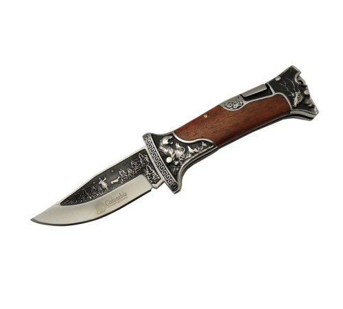 A3188-2 Geyik Desenli Outdoor Çakı 23 cm - İşlemeli Ahşap Saplı, Perçinli, Deri Kılıflı