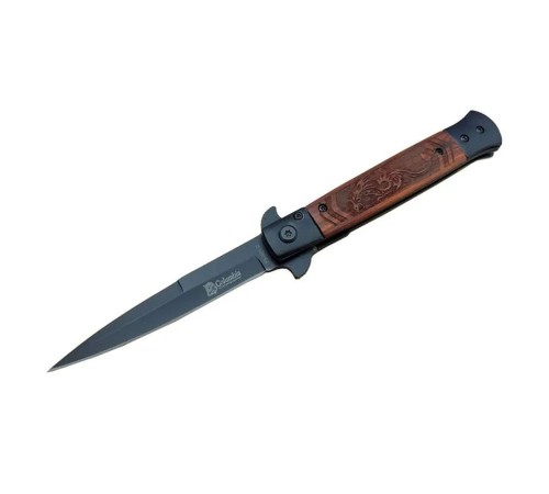 FS 902 Siyah Kamp Çakı 23cm- Yarı Otomatik, Ejderha Motifli Ahşap Sap